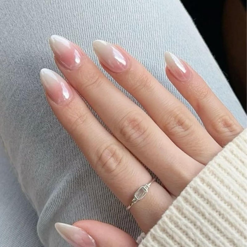 modelones Pink Ombre Press on Nails Almond, Valentine's Day Chrome Short Almond Fake Nails, Nail Kit with Nail Glue Adhesive Tabs Mini Nail File, Nails Press Ons 32Pcs16 Sizes, Women Girl Gift - Image 1